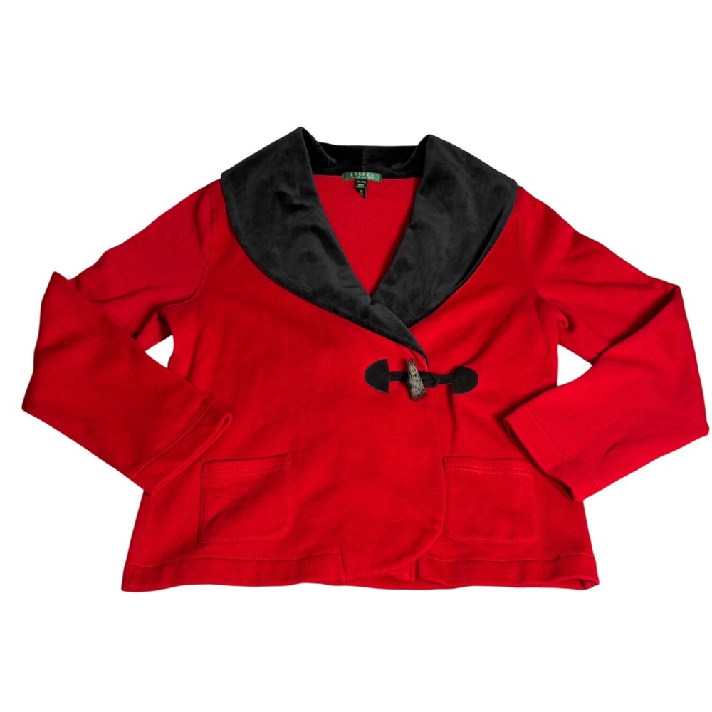 Lauren Ralph Lauren Red Toggle Cardigan Sweater Velvet Shawl Collar XL